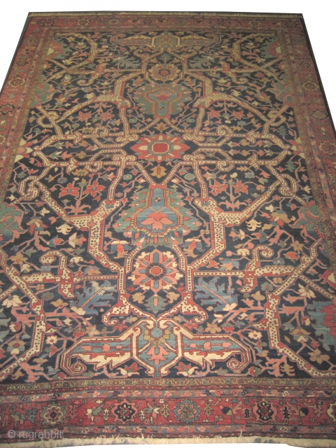 Bakshaïsh Heriz Persian circa 1900 antique. Size: 452 x 316 (cm) 14' 10" x 10' 4"  carpet ID: P-1928
Knotted with Senneh knots, the background color is indigo, the surrounded large border  ...