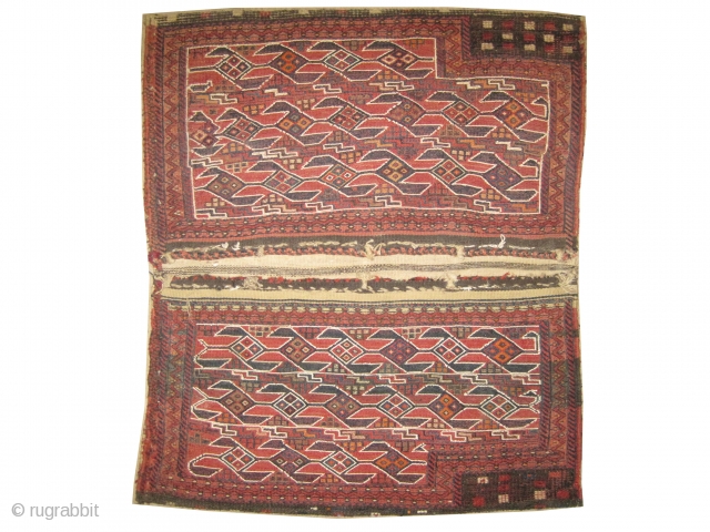 

Khurjin Baktiar Persian, 107 x 94 (cm) 3' 6" x 3' 1"  carpet ID: A-1133
Woven with four different techniques: flat, sumak, vernneh and knotted. The back side covered kilim is original  ...