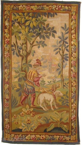 
French tapestry antique, 95 x 174 cm, ID: A-798
The ivory part is silk, the rest is hand spun wool and hand woven. The subject is a prince with his two dogs hunting,  ...