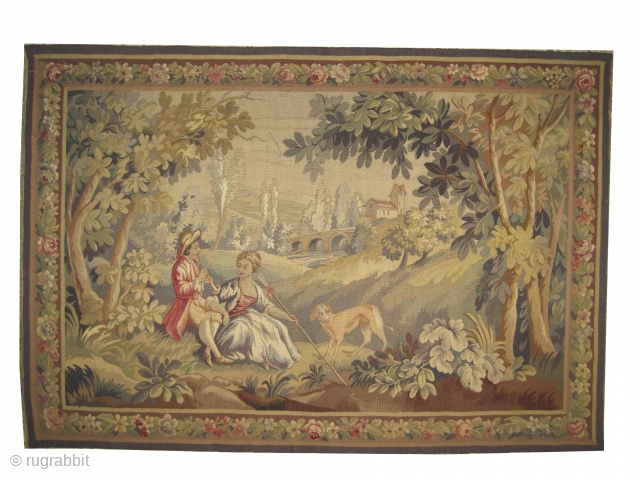 
French tapestry antique, 120 x 180 cm, ID: MZ-1 
Hand woven with hand spun wool, in perfect condition, mixed with wool and silk, the snow white is silk.
     
