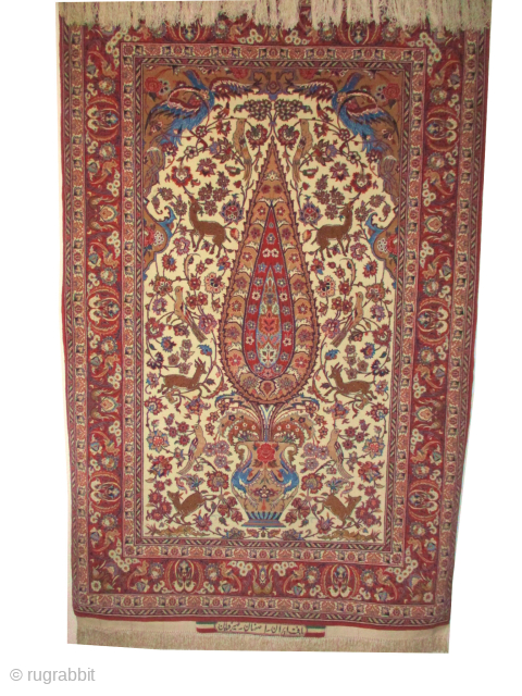 Signed "Isphahan Sarafian Persian", 1'200'000 knots in square meter, 109 x 173 cm, ID: MWS-5
It was hanging on the wall, knotted circa 1940, the warp and the weft threads are 100% silk,  ...