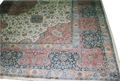 	

 Birjend Persian signed, old. Size: 580 x 570 (cm) 19'  x 18' 8"  carpet ID: P-5475
The background color is ivory, the center medallion and the four corners are worm  ...