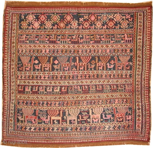 
Vernneh Caucasian woven circa in 1920 antique, 109 x 97 (cm) 3' 7" x 3' 2"  carpet ID: A-501
Woven with Verrneh technique and hand spun wool, allover peacock and deer design,  ...