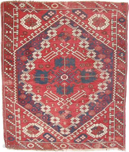 

Bergama Anatolian, knotted circa 1870 antique, 94 x 110 cm, ID: K-4690
The black knots are oxidized, the warp and the weft threads are 100% wool, the knots are hand spun lamb wool,  ...
