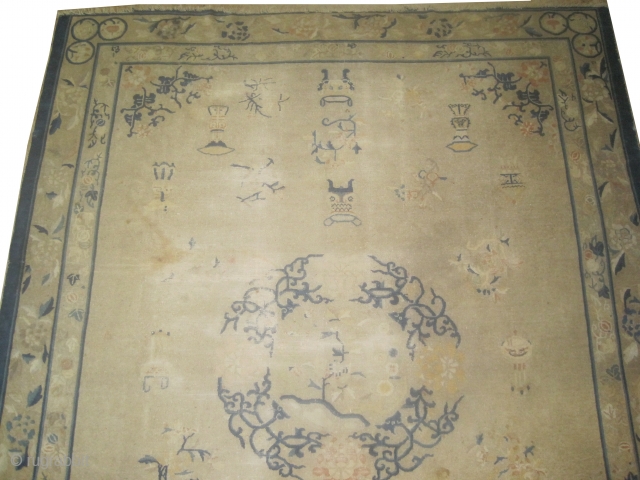 	

Ningxia Chinese, Size: 317 x 255 (cm) 10' 5" x 8' 4"  carpet ID: P-5950
Certain places the pile is used, from the two edges the last tiny borders are missing, the  ...