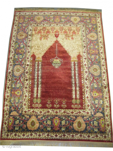 
Boursa Silk prayer Anatolian, knotted circa in 1905 antique, collector's item, 177 x 130 (cm) 5' 10" x 4' 3"  carpet ID: K-4063
The knots, the warp and the weft threads are  ...