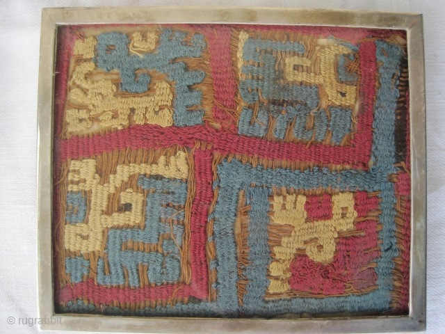 

Pre-Columbian embroidery, museum standard, 14 x 11cm, ID: FR-8
Designed with swastika and lama, surrounded with silver frame, woven with wool, silk and two different techniques, in perfect condition, rare example.

   