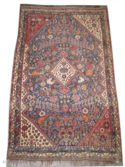 Qashqai Mille fleurs Persian, knotted circa in 1905 antique, 236 x 146 (cm) 7' 9" x 4' 9"  carpet ID: K-2970
The knots, the warp and the weft threads are mixed with  ...