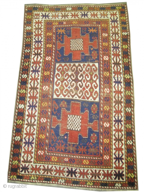 
 	

Karatchoph Caucasian knotted circa in 1860 antique, collector's item.  210 x 125 (cm) 6' 11" x 4' 1"  carpet ID: K-5475
The black colour is oxidized, the background color is  ...