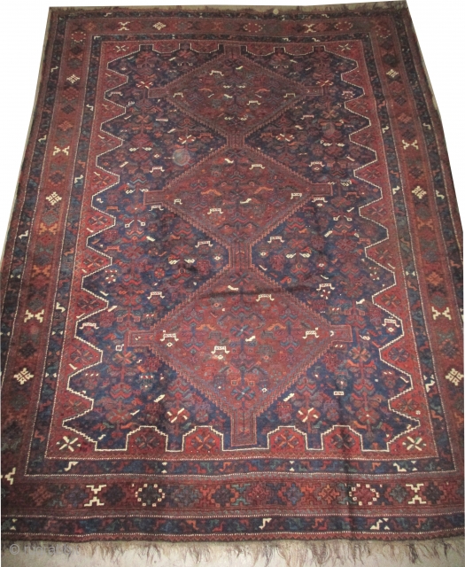 

Shiraz Persian, knotted circa in 1950,  311 x 235 (cm) 10' 2" x 7' 8"  carpet ID: P-4253
The black knots are oxidized. The knots, the warp and the weft threads  ...