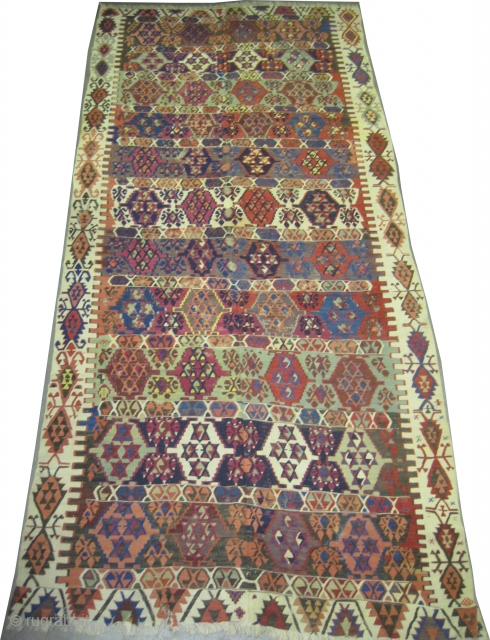 
Anatolian kilim, woven circa in 1860 antique, collector's item, 372 x 170 (cm) 12' 2" x 5' 7"  carpet ID: A-688
Woven with hand spun wool, from the last two edges small  ...