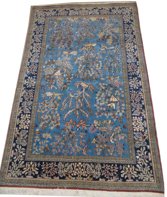 Qoum Persian, knotted circa 1960, 142 x 214 cm, ID: NEM-4
Thick pile, in perfect condition, the knots are mixed with silk and wool,the background color is sky blue, the surrounded large border  ...