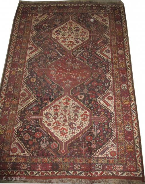 Qashqai Persian, knotted circa in 1905 antique, collector's item, 310 x 206 (cm) 10' 2" x 6' 9"  carpet ID: P-4608
The black knots are oxidized. The knots, the warp and the  ...