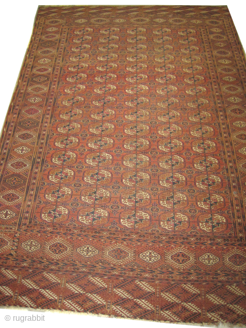 
Tekke Turkmen, antique, collectors item, 228 x 335 cm, ID: RSZ-5
The black knots are oxidized, the knots are hand spun wool, the warp and the weft threads are 100% wool, the pile  ...