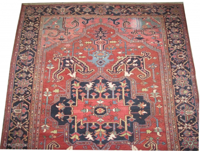 
Heriz Persian, knotted circa in 1915 antique,  327 x 228 (cm) 10' 9" x 7' 6"  carpet ID: P-6126
The black knots are oxidized, the knots are hand spun wool, the  ...