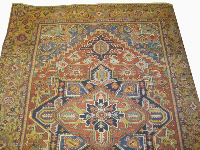 Heriz Persian knotted circa in 1920 324 x 255 (cm) 10' 7" x 8' 4"  carpet ID: P-2696
 The black knots are oxidized, the knots are hand spun wool, the background  ...