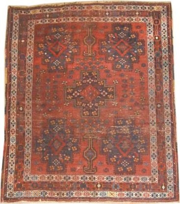 

Afshar Persian knotted circa 1922 antique, 178 x 150 cm, ID: K-2241
The black knots are oxidized, the knots are hand spun wool, the background color is rust, at the center five medallion  ...