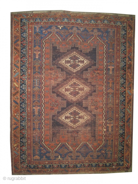 
Afshar Persian knotted circa 1915, antique, 185 x 140 cm, ID: K-5625
The black knots are oxidized, the knots are hand spun wool, the warp and the weft threads are mixed with wool  ...