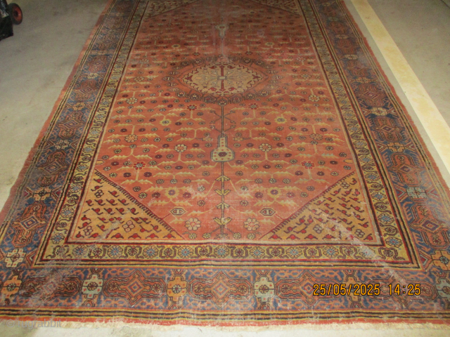 

Samarkand, knotted circa 1935, 182 x 280 cm, ID: MMJ-3
The background is light terracotta, the four corners and the center medallion are beige, the surrounded large border is blue, the shirazi borders  ...