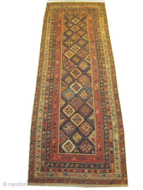 Kazak Caucasian, knotted circa in 1905 antique, 108 x 315 cm, carpet ID: SRO-4
The background is indigo, high pile, probably it was a pair, one edge is replaced.     