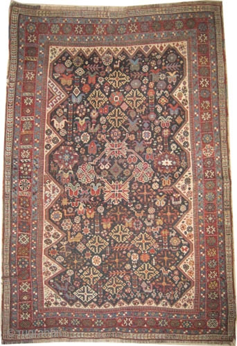  Qashqai Persian knotted circa in 1905 antique, collector's item, 204 x 134 (cm) 6' 8" x 4' 5"  carpet ID: K-5578
The black knots are oxidized. The knots, the warp and  ...