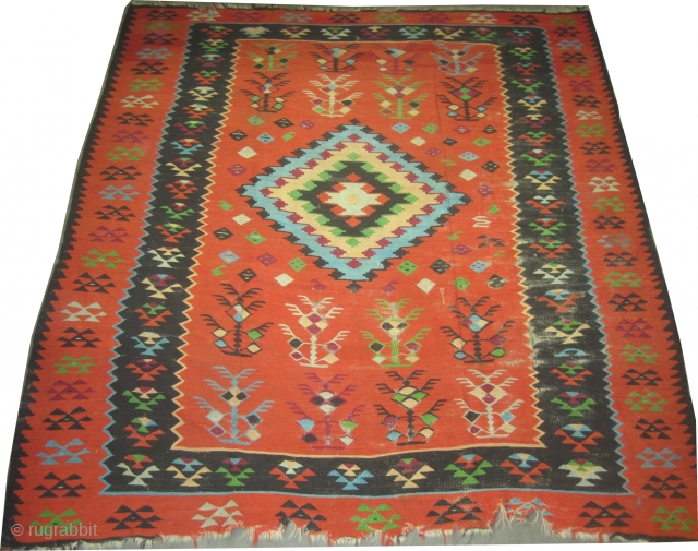 Sharkoy kilim Turkish, woven circa 1914 collectors item, 253 x 242 cm, ID: A-544
Woven with hand spun wool, the background and the surrounded second large border are terracotta, the first surrounded large  ...