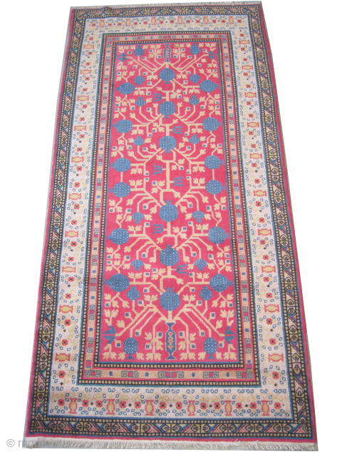 

Samarkand, knotted circa 1935 semi-antique, 272 x 132 cm, ID: MMJ-8
All over pomegranate design, the background color is red, the surrounded large border is ivory, high pile, in good condition, in its  ...