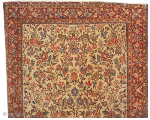 Qoum Persian 340 x 230 (cm) 11' 2" x 7' 6"  carpet ID: P-4844
The knots are hand spun wool, allover floral design, the background color is ivory, the surrounded large border  ...
