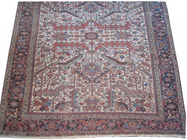 Heriz Persian knotted circa in 1928, 300 x 260 (cm) 9' 10" x 8' 6"  carpet ID: P-3931
The knots are hand spun wool, the black knots are oxidized, the background colour  ...