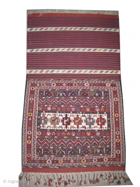 

Shirvan Caucasian kilim woven circa 1920 antique, collectors item, 185 x 108 cm, ID: HB-5
It is used as horse cover, woven with hand spun wool and silk.
Certain colors: yellow, ivory, peach and  ...