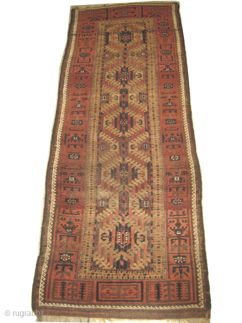 Belutch Persian, knotted circa 1910 antique, 105 x 275 cm, ID: ES-3
Vegetable dyes, the background is knotted with camel hair, geometric design and surrounded with animals, the surrounded large border is warm  ...