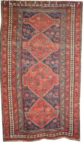 

Chikli-Kazak Caucasian, knotted circa 1905, antique, collectors item, 140 x 240 cm, ID: V-139
The black knots are oxidized, the knots are hand spun wool, the warp and the weft threads are 100%  ...