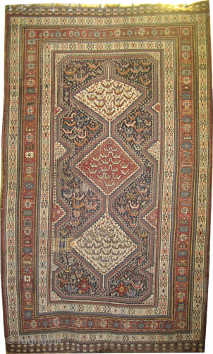 Shiraz Khamse Persian, knotted circa 1870, antique, collector's item, 175 x 292 cm, ID: K-5792
Vegetable dyes, the black knots are oxidized, the knots are hand spun lamb wool, the warp and the ...