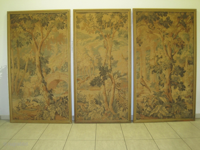 French tapestries old circa 1935, surrounded with wooden frame, in good condition.
72 x 144 cm and 82 x 144 cm             