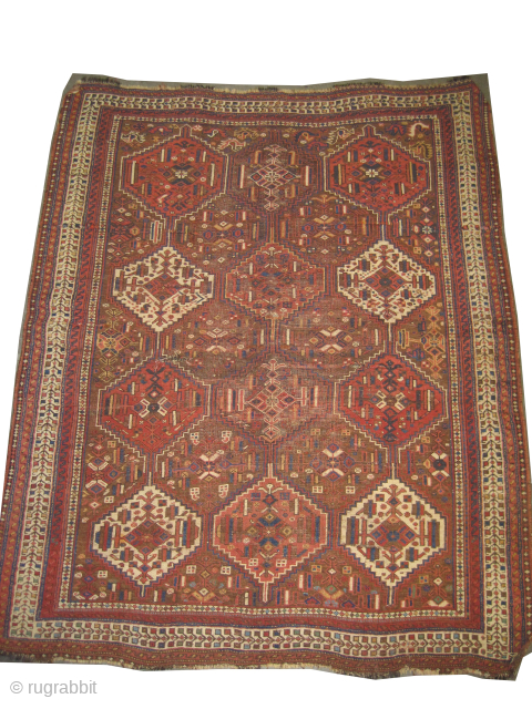 
Shiraz Khamse Persian, knotted circa 1890 antique, collectors item, 146 x 178 cm, ID: K-5607
Vegetable dyes, the brown background is oxidized to be knotted, the knots are hand spun wool, the warp  ...