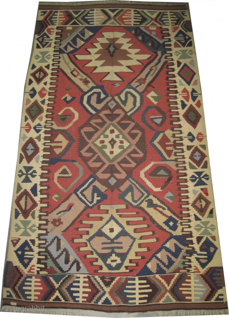 	

Bessarabian kilim  art deco period, collector's item,  285 x 150 (cm) 9' 4" x 4' 11"  carpet ID: A-932
In good condition, woven with hand spun wool, the warp and  ...