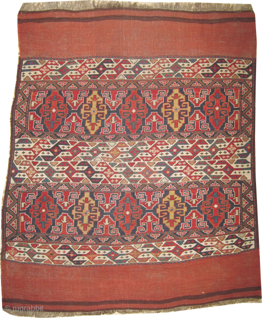 
Soumak Caucasian, woven circa 1905 antique, collectors item, 103 x 129 cm, ID: CBU-1
Part of mafrash (cradle)joined at the center, rare design, vegetable dyes, the red color is extracted from the cochineal,  ...