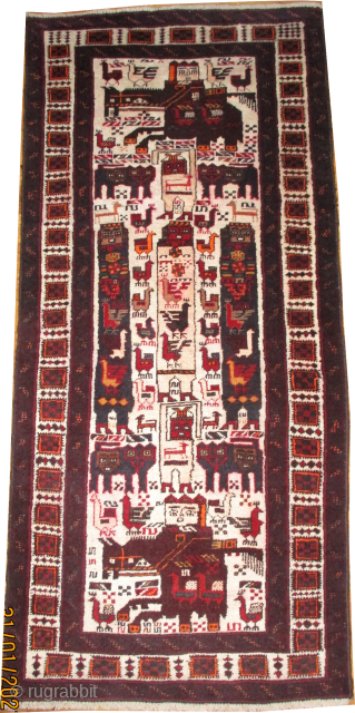 
Pictorial Belutch, collectors item, 83 x 180 cm, ID: OTB-9
The knots are mixed with hand spun wool and goat hair, the background color and the surrounded large border are ivory, the selvages  ...