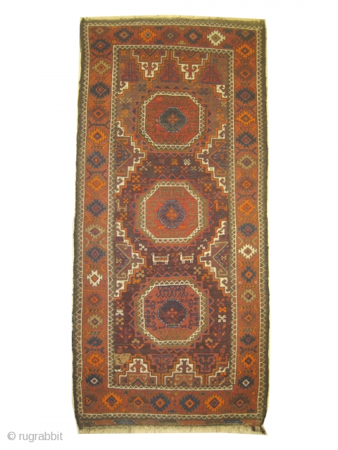 
Belutch Persian knotted circa in 1918, antique, 164 x 78 (cm) 5' 5" x 2' 7"  carpet ID: OTB-2
The knots, the warp and the weft threads are mixed with hand spun  ...