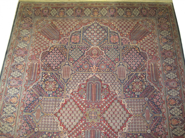 	

Mohtashem-Kashan Persian, knotted circa in 1918, antique, collector's item, 372 x 267 (cm) 12' 2" x 8' 9"  carpet ID: P-802
The knots are hand spun lamb wool, high pile, the background  ...