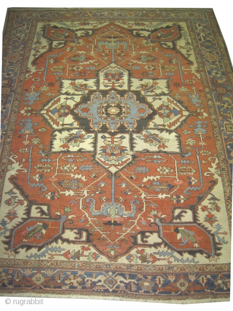 

Serapi Heriz Persian, antique,  382 x 300 (cm) 12' 6" x 9' 10"  carpet ID: P-1286
In good condition, the black knots are oxidized, the background color is rust, the surrounded  ...