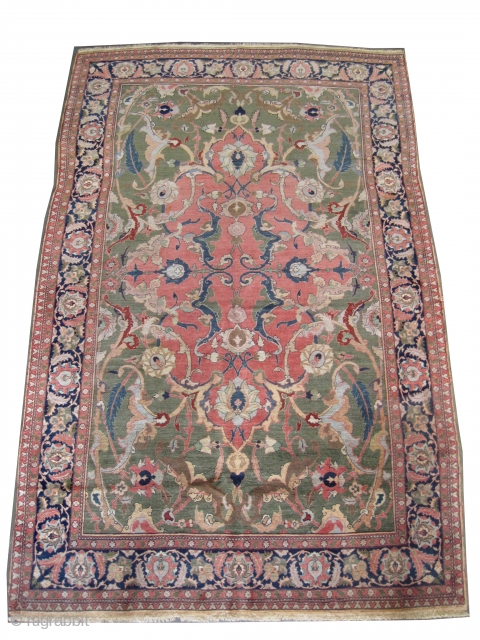 Hajijelili Tabriz Persian knotted circa in 1905 antique. Size: 275 x 177 (cm) 9'  x 5' 10"  carpet ID: P-5023
 The background color is soft green, the center medallion is  ...