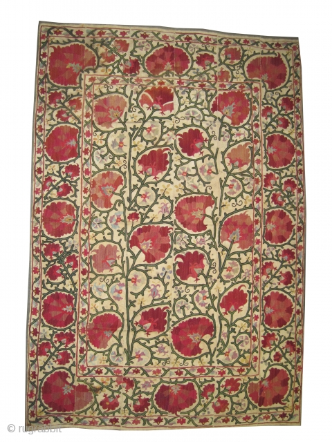  
Suzani Uzbek Dzhizak , antique. Size: 233 x 156 (cm) 7' 8" x 5' 1" carpet ID: A-1100 
Embroidered with silk on hand woven linen. Vegetable dyes, perfect condition. Rare example,  ...