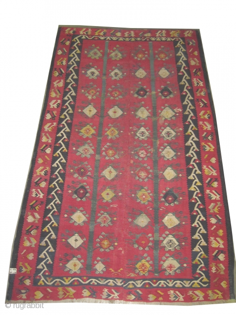 
Sharkoy kelim antique.
Size: 258 x 149 (cm) 8' 6" x 4' 11" carept ID: A-476
Vegetable dyes, woven with hand spun wool, the background color is purple, all over design, two pieces are  ...