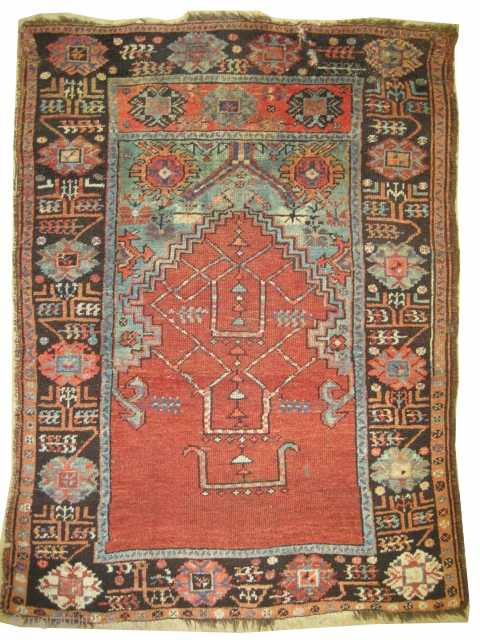 Konya Ladik prayer Turkish rug, circa 1870, antique. Size: 129 x 98 (cm) 4' 3" x 3' 3" carpet ID: K-3148 
Collector's item, high pile, acceptable condition, thick pile, the edges have  ...