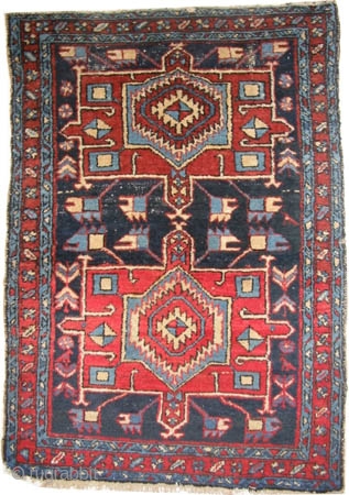 
Karadja Persian, circa 1912, antique. Collector's item, Size: 130 x 91 (cm) 4' 3" x 3' 
  carpet ID: K-3476 
vegetable dyes, hand spun wool, high pile, minor problems, indigo background,  ...