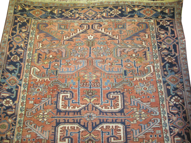 

Bakshaish-Heriz Persian, knotted circa 1920 antique, 214 x 296 cm, ID: P-4849
Vegetable dyes, the black knots are oxidized, the knots are hand spun lamb wool, the selvages are woven on two lines  ...