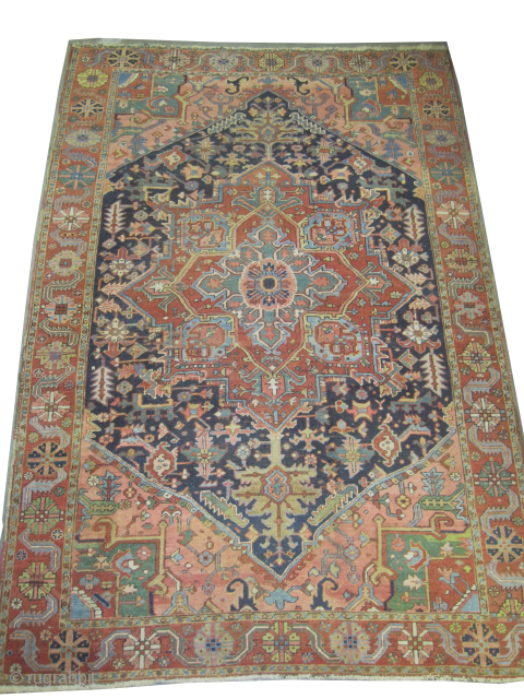 Serapi Heriz Persian knotted circa 1895 antique, collectors item, 294 x 196 cm, ID: P-5349
Vegetable dyes, the knots are hand spun lamb wool, the selvages are woven on two lines with wool,  ...