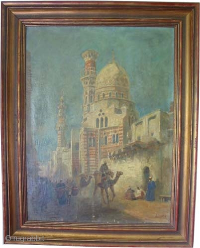 

European painter circa 1870. Size: 78 x 98 (cm) 2' 7" x 3' 3"  carpet ID: FP=1 
Islamic culture, European oil painting, probably Hungarian painter, antique, collector's item, museum standard, signed,  ...