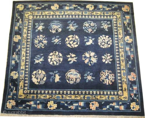 	

Chinese carpet antique. Size: 196 x 179 (cm) 6' 5" x 5' 10"  carpet ID: K-5204 
 vegetable dyes, the knots are hand spun lamb wool, indigo background, all over design,  ...